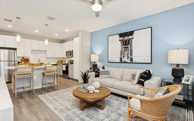 a living room with a couch and a table